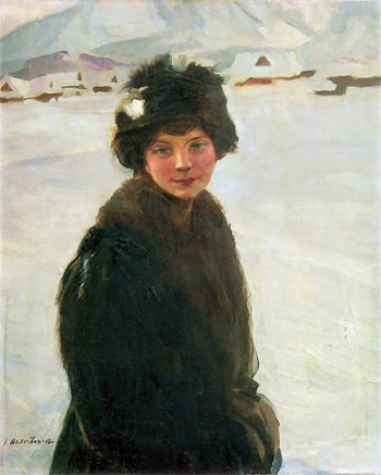 Portrait of A Young Girl in Winter Landscape - Teodor Axentowicz reproduction oil painting