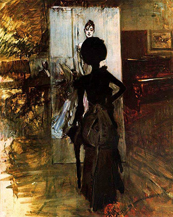 Woman in Black Who Watches the Pastel of Signora Emiliana Concha de Ossa 1888 - Giovanni Boldini reproduction oil painting