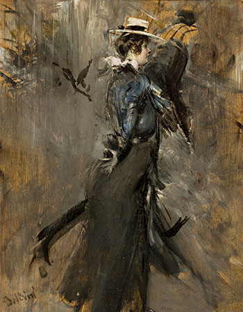 Lady Wearing a Straw Bonnet Morning Promenade 1905 - Giovanni Boldini reproduction oil painting
