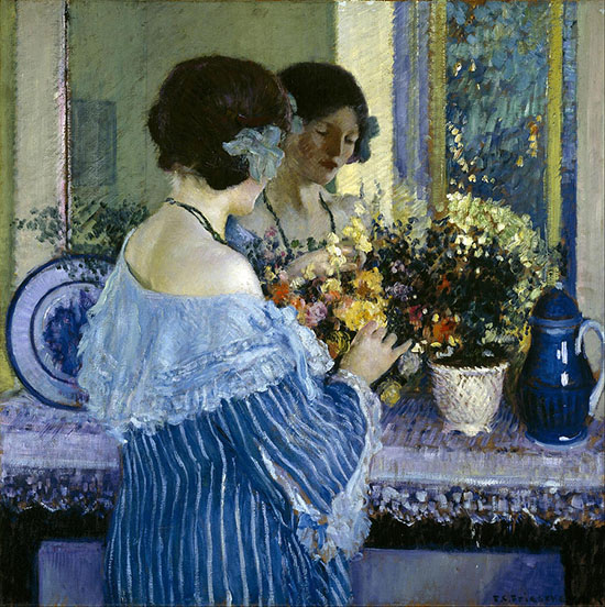 Girl in Blue Arranging Flowers 1915 - Frederick Carl Frieseke reproduction oil painting