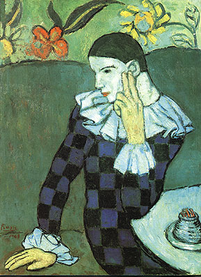 Harlequin Leaning on Elbow (1901) - Pablo Picasso reproduction oil painting